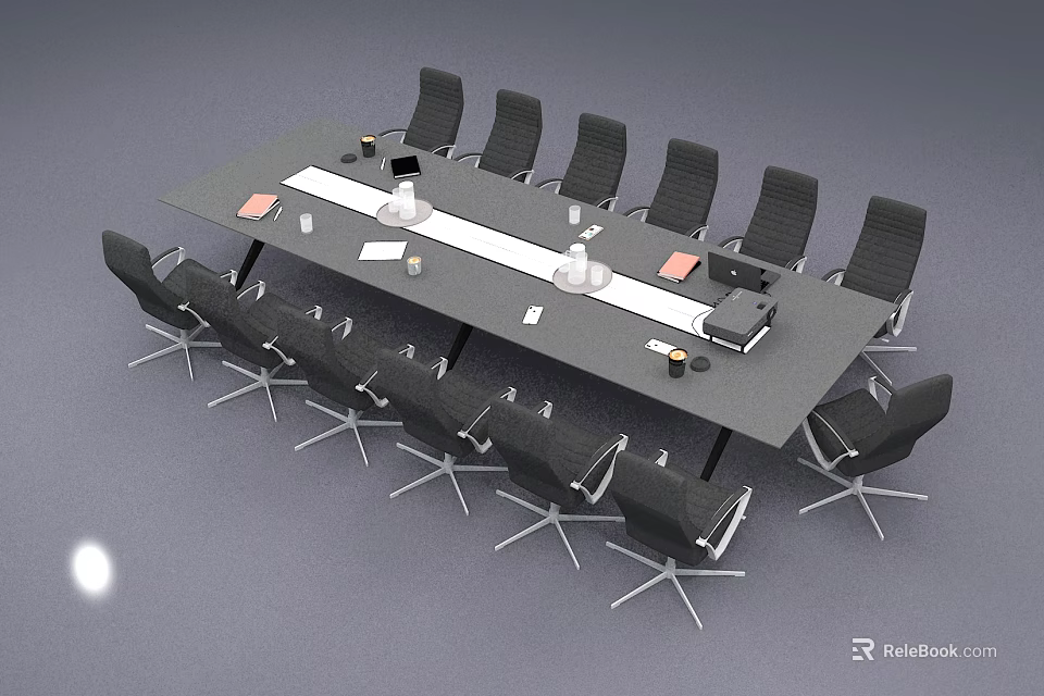 Modern Conference Table With Black Chairs And Metal Legs For Office Meeting 3d model 