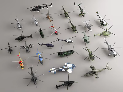 Multiple Colorful Helicopter Models of Various Types Arranged on Grey Background 3d model
