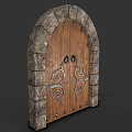 Arched Wooden Gate With Stone Frame And Intricate Metal Decorations
