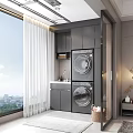Modern Home Balcony With Stacked Washing Machine Dryer Grey Cabinets And City View