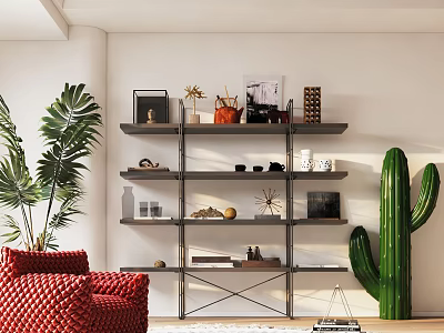 Modern Multi Shelf Bookcase With Books Decorative Items Green Plants And Red Chair 3d model