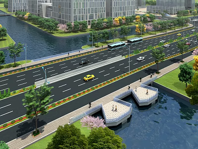 Urban Garden Landscape Along River With Trees Walkways And Lush Greenery 3d model