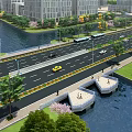 Urban Garden Landscape Along River With Trees Walkways And Lush Greenery