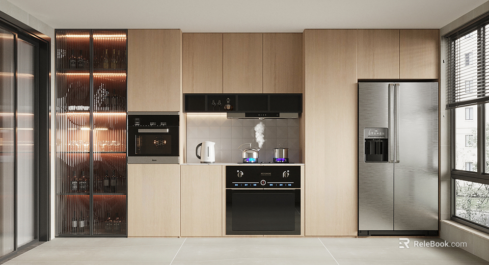 Modern Kitchen Interior Design With Wooden Cabinets Stainless Steel Appliances And Glass Wine Rack 3d model 