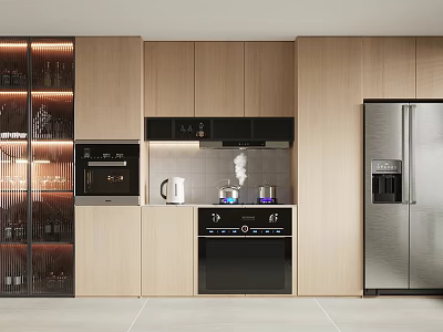 Modern Kitchen Interior Design With Wooden Cabinets Stainless Steel Appliances And Glass Wine Rack 3d model