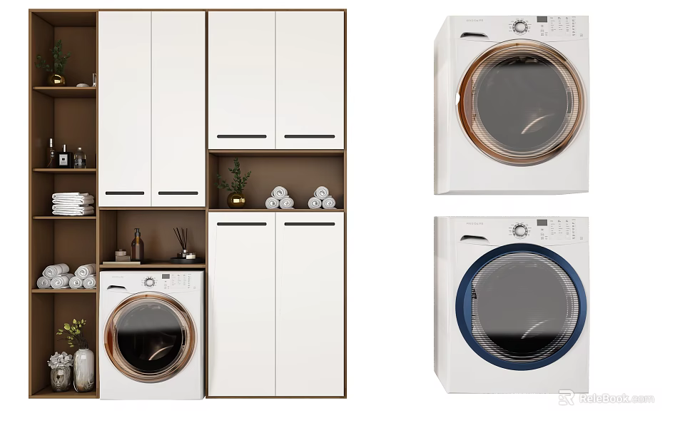 Modern Bathroom Cabinet Rack With White Finish Washing Machine And Towel Storage 3d model 