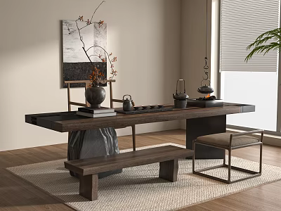 Modern Wooden Tea Table and Chairs on Rug with Tea Sets Vase and Hanging Lamp 3d model