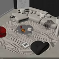 Modern White Sofa and Coffee Table Set with Plush Pillows Glass Top and Geometric Rug