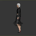 Woman with white hair wearing black deep V top and ruffled skirt in gray background