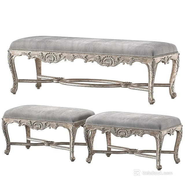 Three Elegant Gray Sofa Stools With Carved Legs And Upholstered Seats Design 3d model 