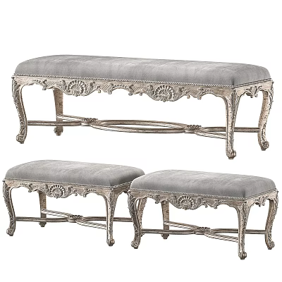 Three Elegant Gray Sofa Stools With Carved Legs And Upholstered Seats Design 3d model