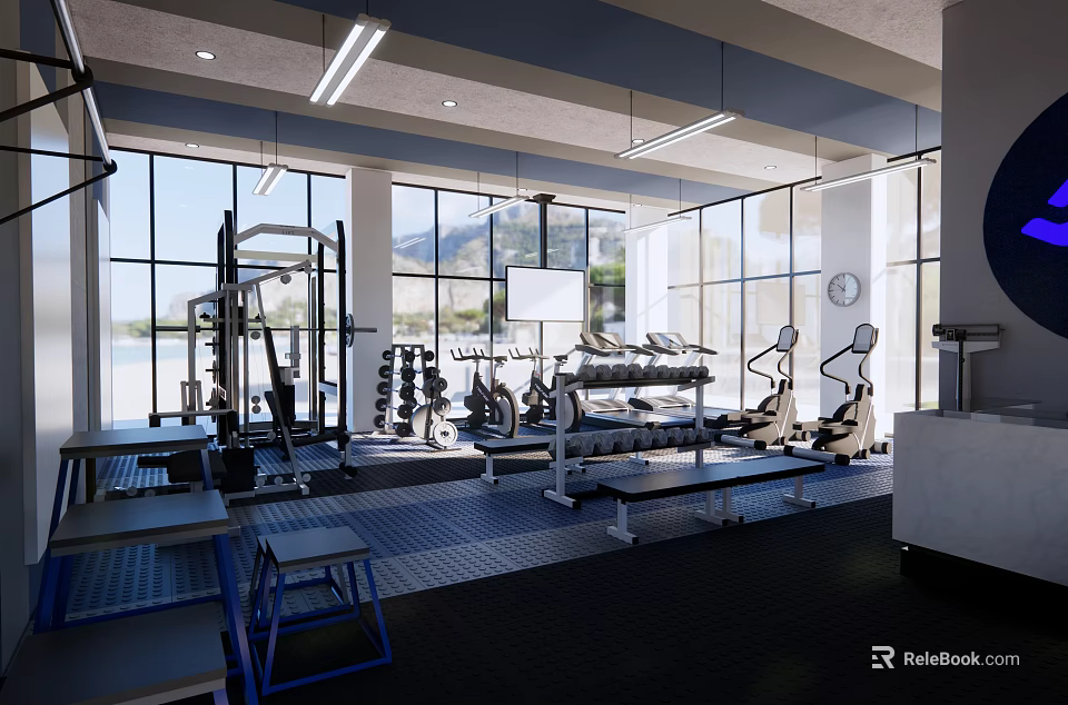Modern Fitness Gym With Workout Equipment Dumbbells Treadmills And Bright Exercise Space 3d model 