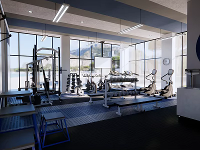 Modern Fitness Gym With Workout Equipment Dumbbells Treadmills And Bright Exercise Space 3d model