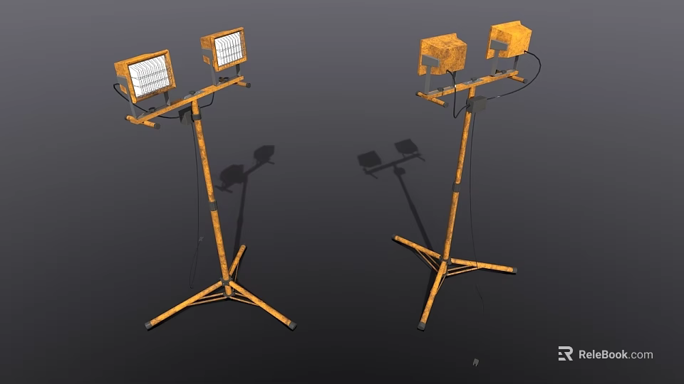 Industrial Style Floor Lamp With Tripod Base And Dual Yellow Metal Light Heads 3d model 