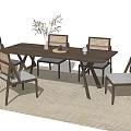 Modern Wooden Dining Table Set With Woven Back Chairs And Light Cushions On Woven Rug