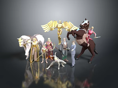 Fantasy Character Figurines Set Featuring Golden Winged Figure Horses Rider And Dog 3d model