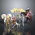Fantasy Character Figurines Set Featuring Golden Winged Figure Horses Rider And Dog
