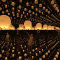 Numerous Bright Sky Lanterns Illuminated Night Scene With People Releasing Lights