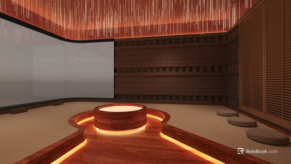 Bath Center Interior With Circular Stone Platform Illuminated Light Strips And Brown Brick Walls 3d model 