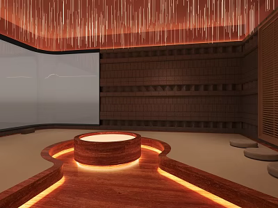 Bath Center Interior With Circular Stone Platform Illuminated Light Strips And Brown Brick Walls 3d model