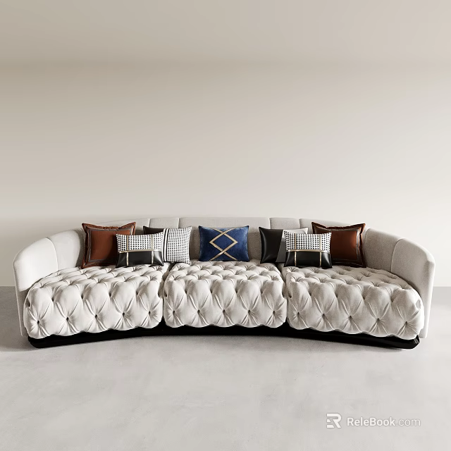 Beige Three-Seater Sofa Featuring Tufted Design and Brown Grey Blue Plaid Cushions 3d model 