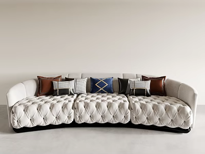 Beige Three-Seater Sofa Featuring Tufted Design and Brown Grey Blue Plaid Cushions 3d model