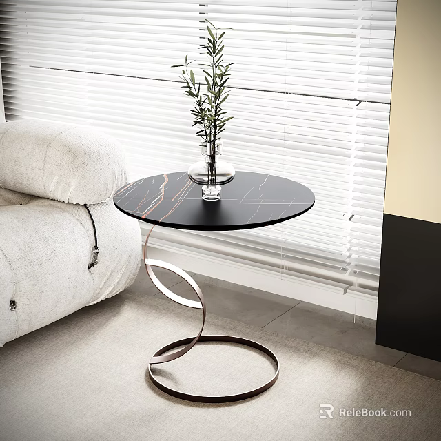 Modern Side Table Black Marble Top Metal Spiral Base by White Sofa with Plant Vase 3d model 
