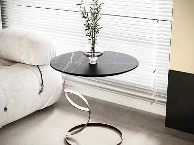 Modern Side Table Black Marble Top Metal Spiral Base by White Sofa with Plant Vase 3d model
