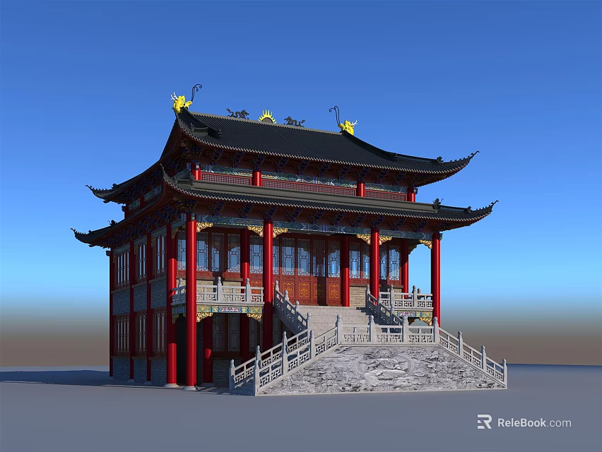 Ancient Architecture with Curved Eaves Red Pillars Black Roof Yellow Ornaments and Stone Steps 3d model 