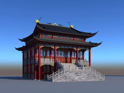 Ancient Architecture with Curved Eaves Red Pillars Black Roof Yellow Ornaments and Stone Steps 3d model