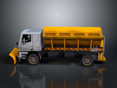 Yellow And Gray Snow Removal Truck With Front Plow And Striped Cargo Bed 3d model