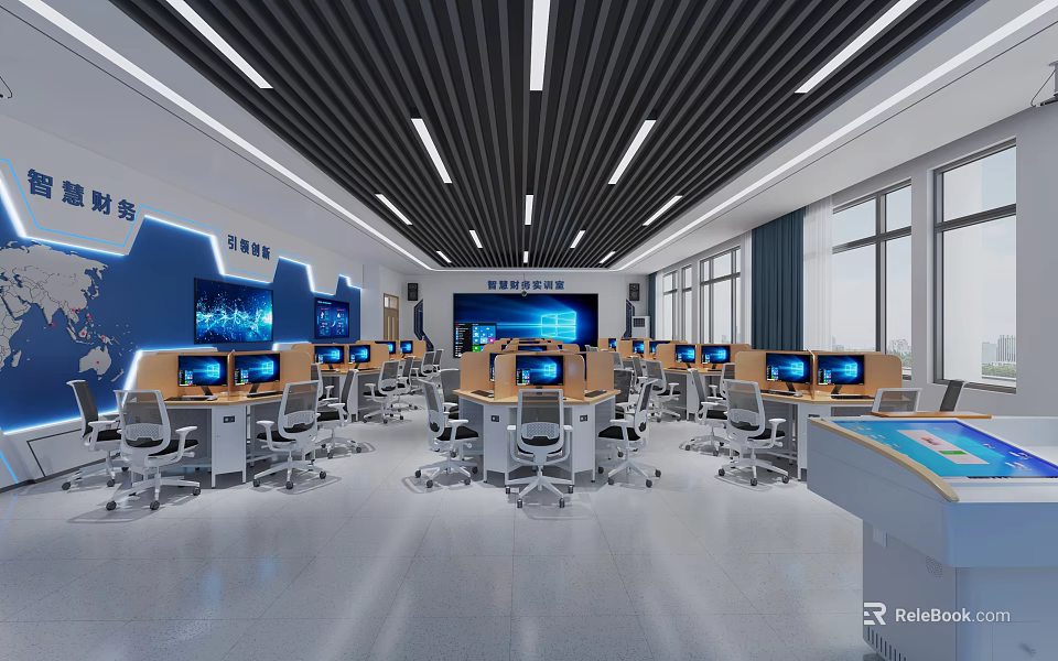 School Smart Classroom Interior Featuring Multimedia Computers Large Screens Student Desks And Chairs 3d model 