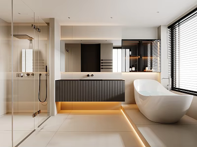 Modern Bathroom Interior With Glass Shower Enclosure Large Mirror Black Vanity And White Bathtub 3d model