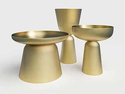 Golden Metallic Coffee Tables With Various Heights Modern Design Round Tabletops And Conical Bases 3d model
