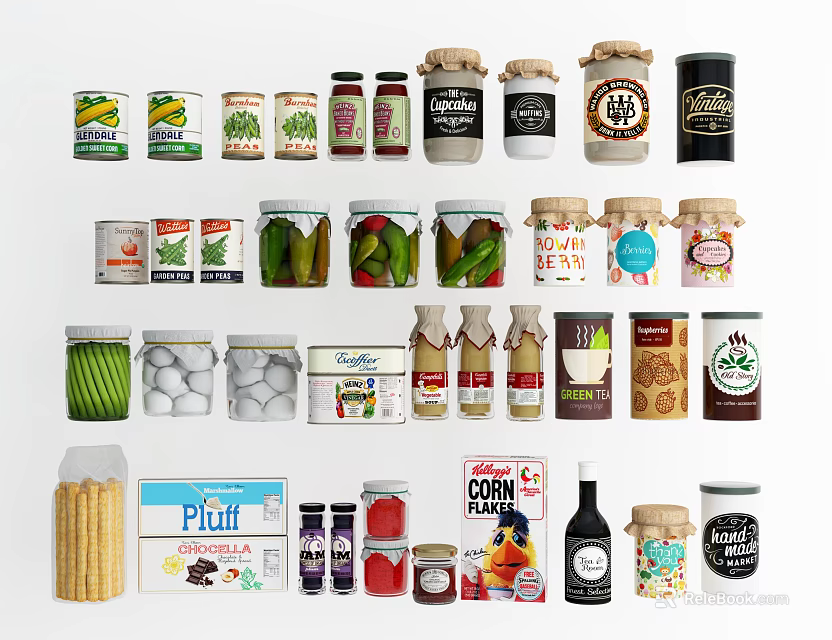 Various Packaged Food Products Featuring Cans Jars Bottles And Packets 3d model 