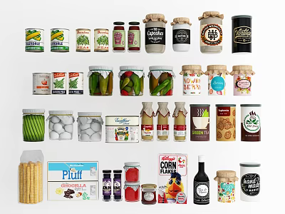Various Packaged Food Products Featuring Cans Jars Bottles And Packets 3d model