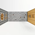 Decorative Room Partition With Grid Pattern And Circular Golden Frames Design