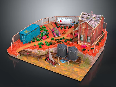 Scenic Miniature Landscape With Red Cottage Blue Container Fence Pathway Plants Gray Barrels And Bench 3d model