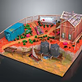 Scenic Miniature Landscape With Red Cottage Blue Container Fence Pathway Plants Gray Barrels And Bench