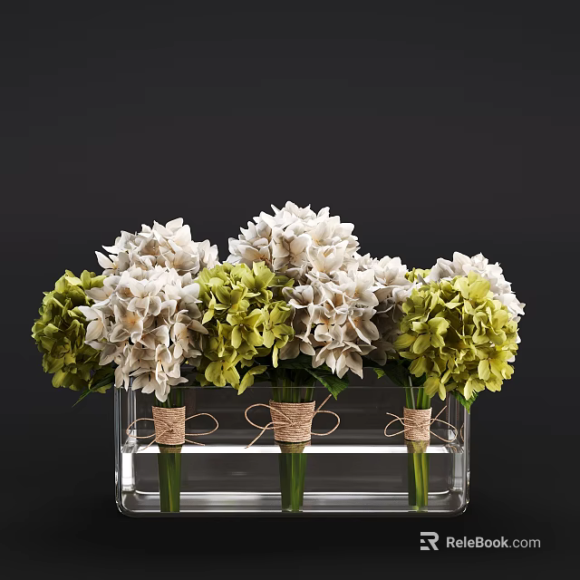 Potted Bonsai Plant With White Green Foliage In Transparent Container Jute Wrapped Stems Dark Background 3d model 