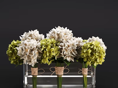 Potted Bonsai Plant With White Green Foliage In Transparent Container Jute Wrapped Stems Dark Background 3d model