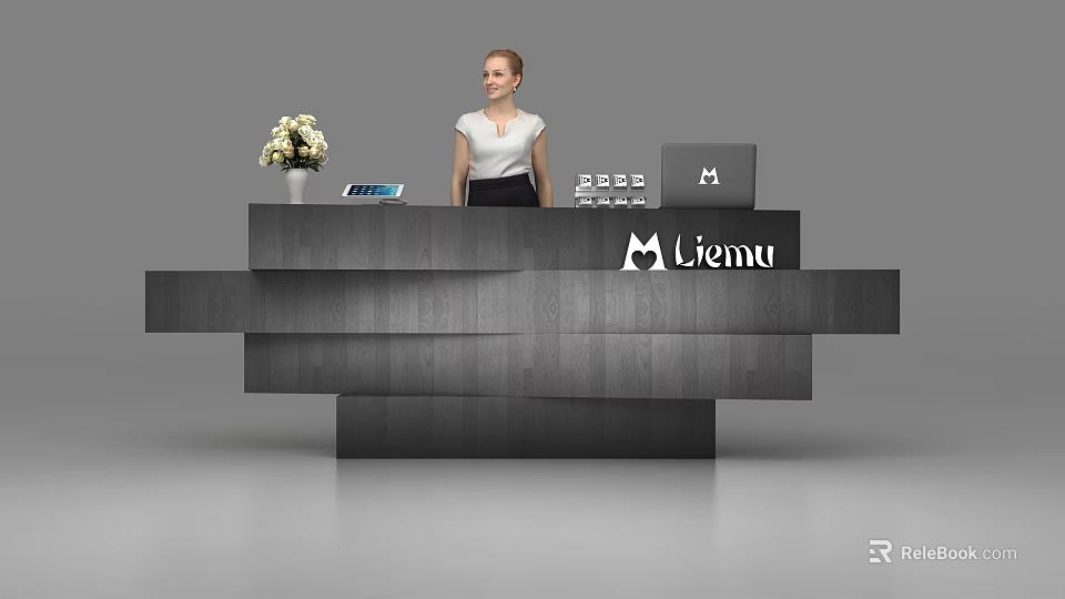 Modern Wooden Reception Desk With Flower Vase Tablet Laptop And Receptionist 3d model 