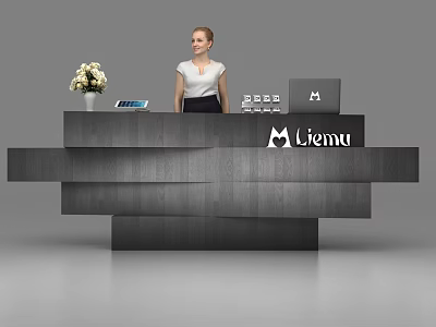 Modern Wooden Reception Desk With Flower Vase Tablet Laptop And Receptionist 3d model