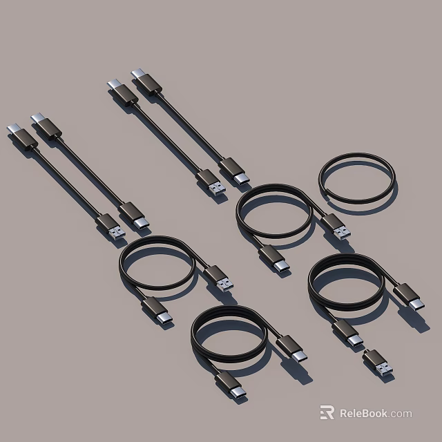 Multiple Black USB Data Cables With Coiled And Straight Designs And Connectors 3d model