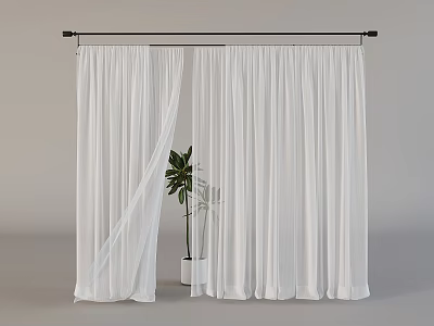Sheer White Curtains Hanging On Black Rod With Green Plant In White Planter 3d model