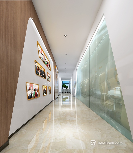 Bright Elevator Corridor With Glass Walls Decorative Frames And Plants 3d model 