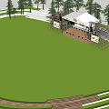Outdoor Event Stage Setup With Canopy Tent Billboards And Lighting Equipment