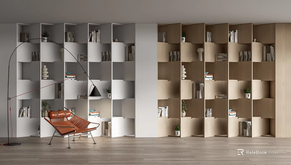 Modern Open Bookcase Interior Design With White Wooden Shelves Books And Plants 3d model 