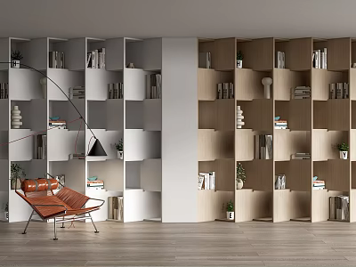 Modern Open Bookcase Interior Design With White Wooden Shelves Books And Plants 3d model