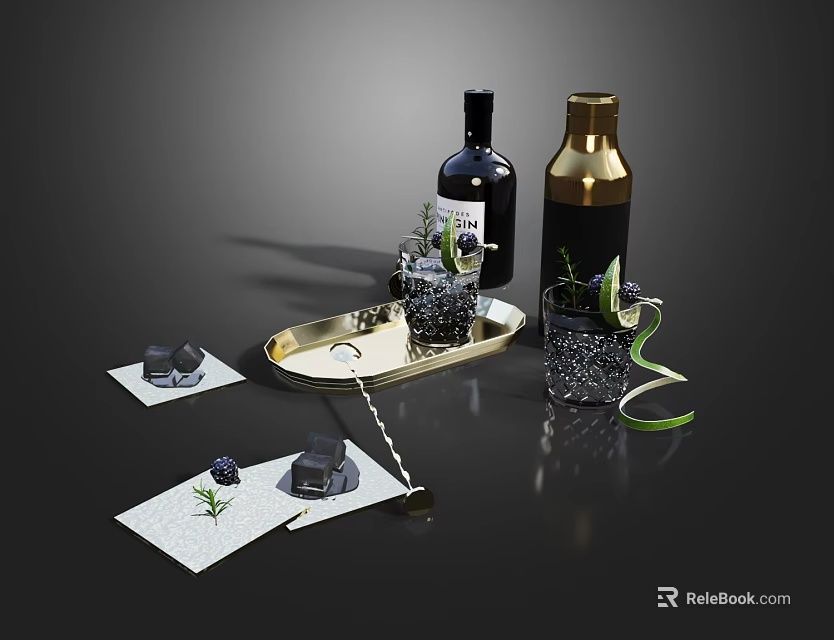 Elegant Wine Bottles And Crystal Glasses On Gold Tray With Green Garnish And Dark Background 3d model 